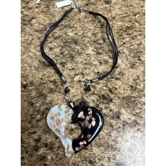 Blown Glass Heart Pendant Necklace Black White NWT On Cord - Picture 2 of 5